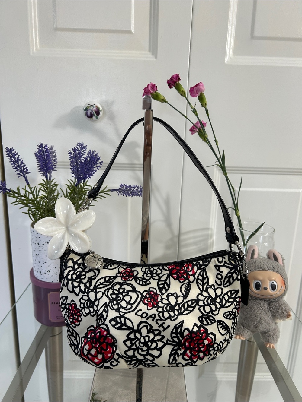 Coach Poppy Vintage White Shoulder Bag with Black Floral Outline and Red Accents